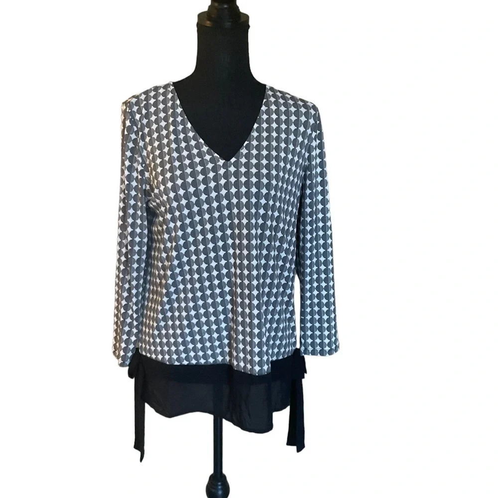 Ivanka Trump Black White Geometric Long Sleeve Blouse Top Women's Size S